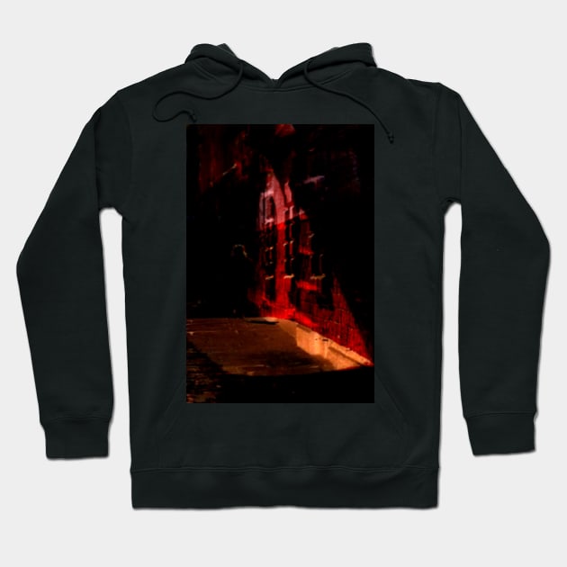 Special processing. Person walking at night, on dark street, with stone walls. Bright Red. Hoodie by 234TeeUser234